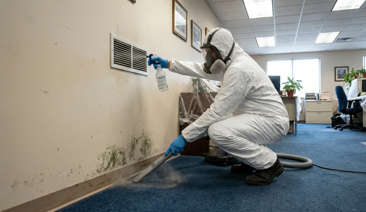A technician fitting a colorful ankle foot orthosis on a patient's leg indoors.