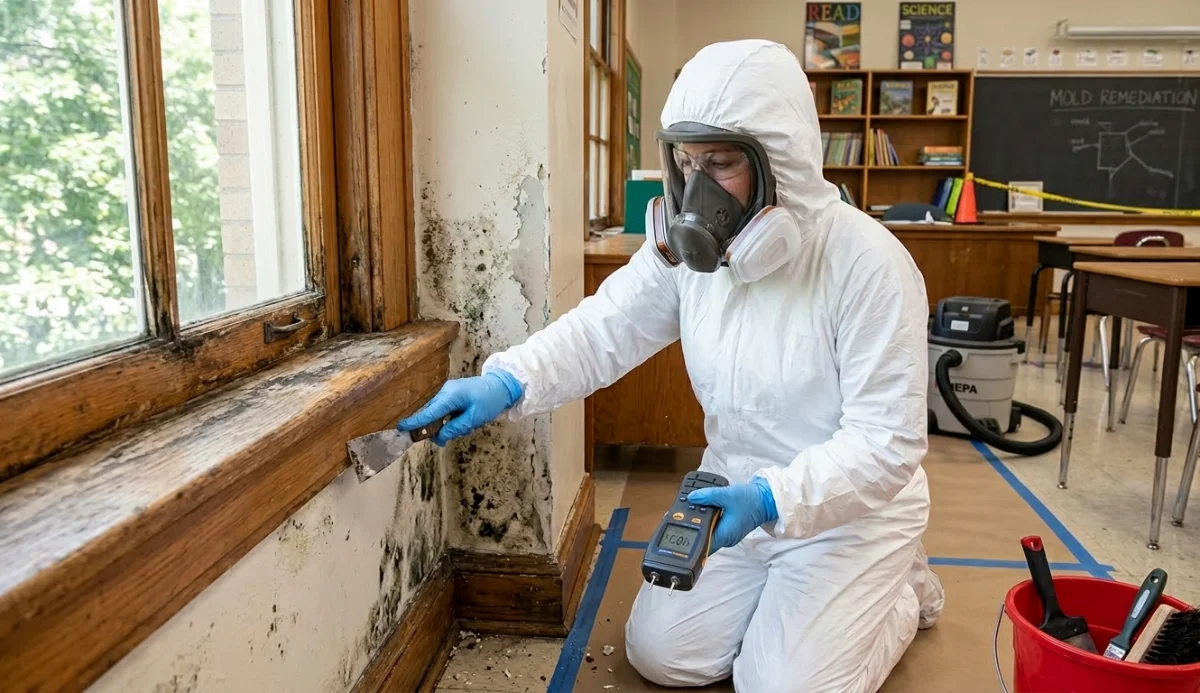 A technician fitting a colorful ankle foot orthosis on a patient's leg indoors.
