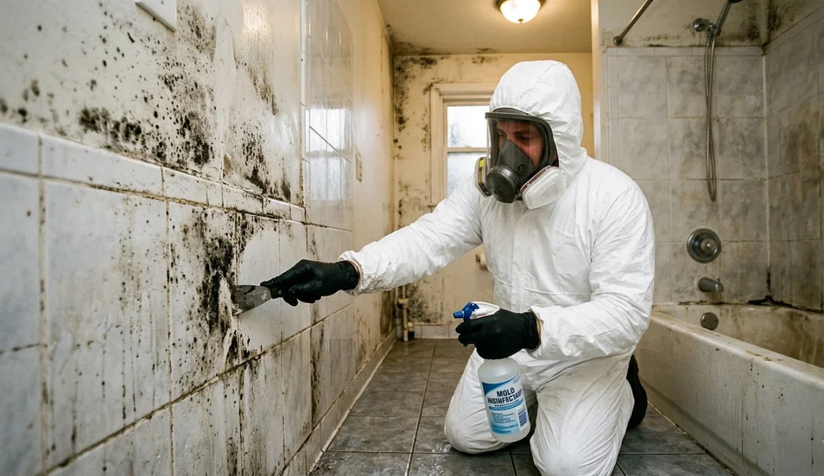 Orthotic technician standing amidst shoe molds in a workshop, showcasing craftsmanship.