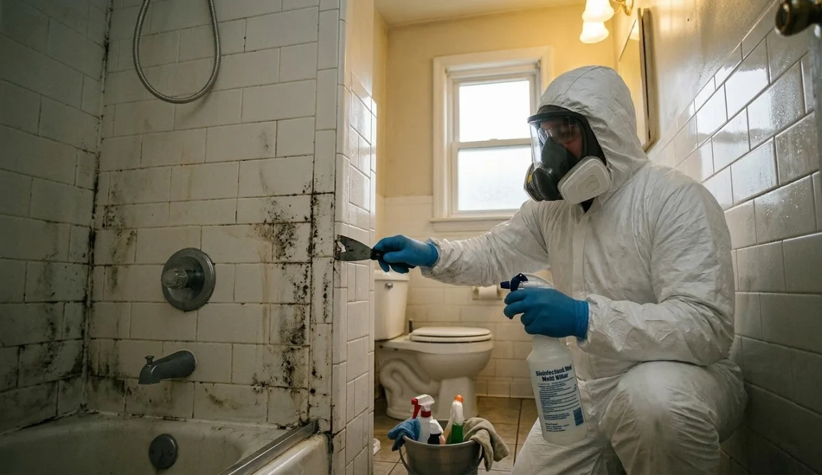 From above of crop anonymous male master sitting at table during creating denture and working with dental impression in modern dental clinic