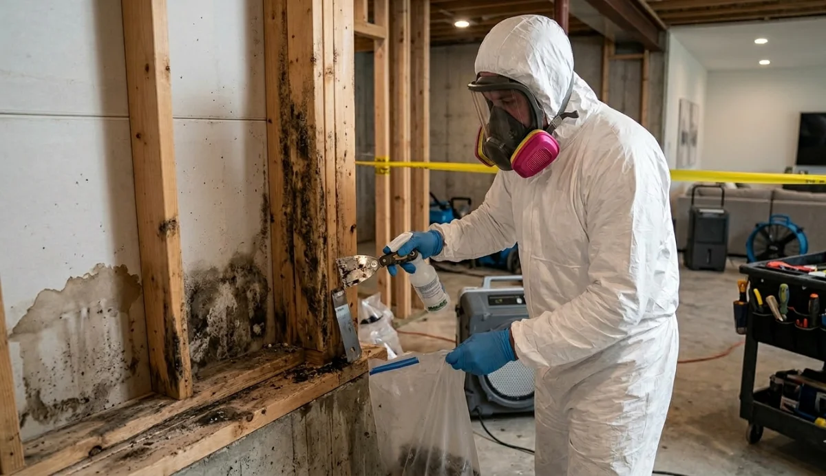 Orthotic technician standing amidst shoe molds in a workshop, showcasing craftsmanship.